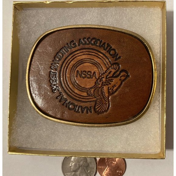 Vintage Metal Belt Buckle, Leather and Brass, National Skeet Shooting Associati - Picture 2 of 4